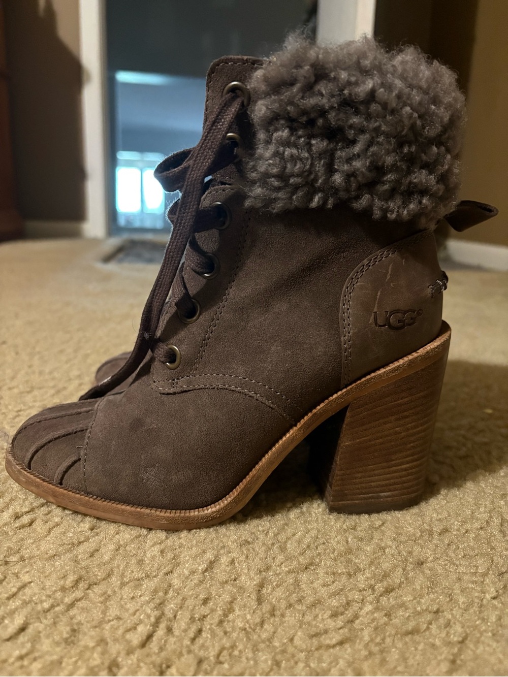 UGG Brown Suede Lace-Up Shearling Cuff Block Heel Boot
